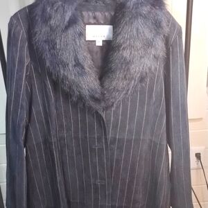 Suede leather pin stripe coat w/faux fur collar with pin stripes